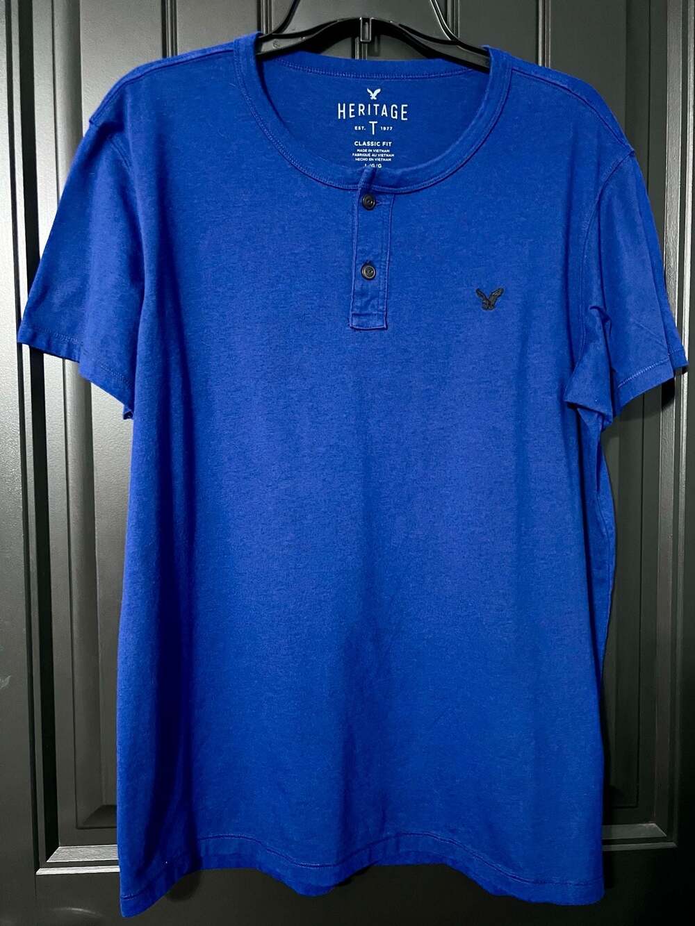 American Eagle Heritage T-Shirt Henley Neck Blue Classic Fit Men's L